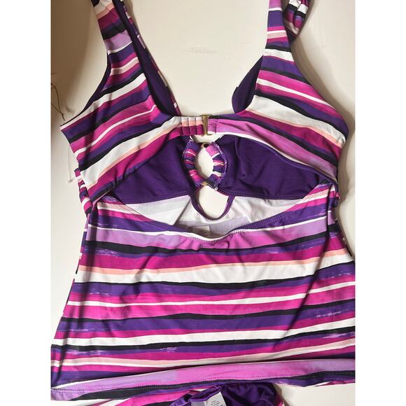 Mynah Striped Tankini Top & Bikini Bottom Set Purple Women's Size L / XL NWT - Picture 6 of 7
